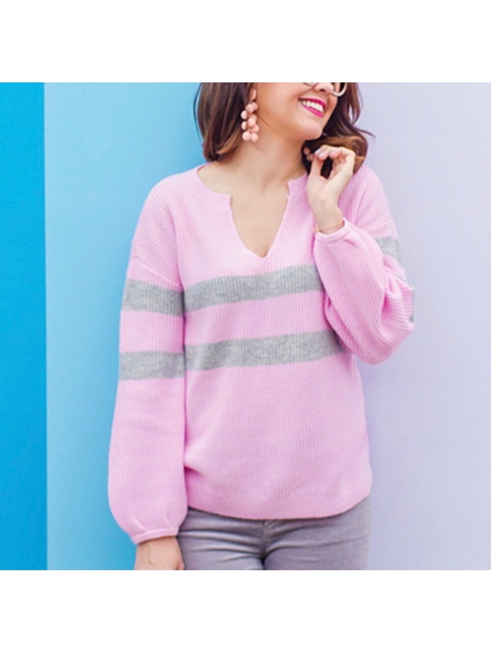 Ann Taylor Pink and Gray Striped Wool Blend Pullover Sweater XS